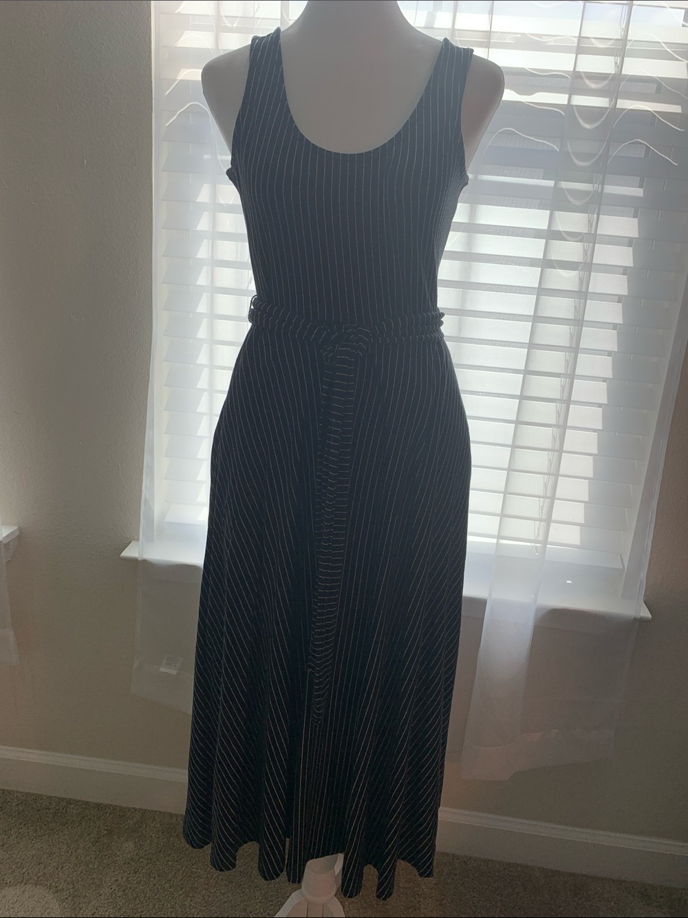 Banana Republic Black Pinstripe Sleeveless Midi Dress with Tie Waist-XS